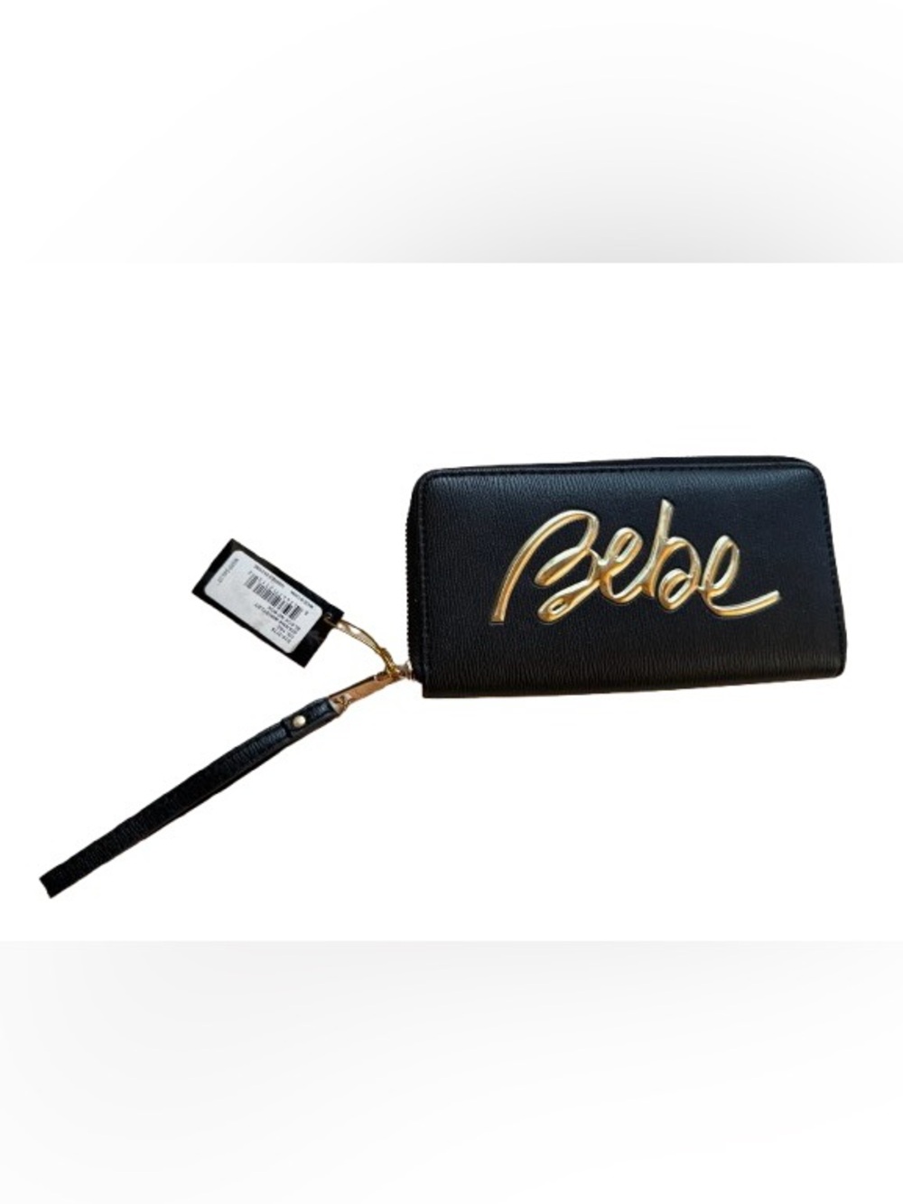 bebe Giana Wristlet Black Wallet with Gold Logo E10-3779
